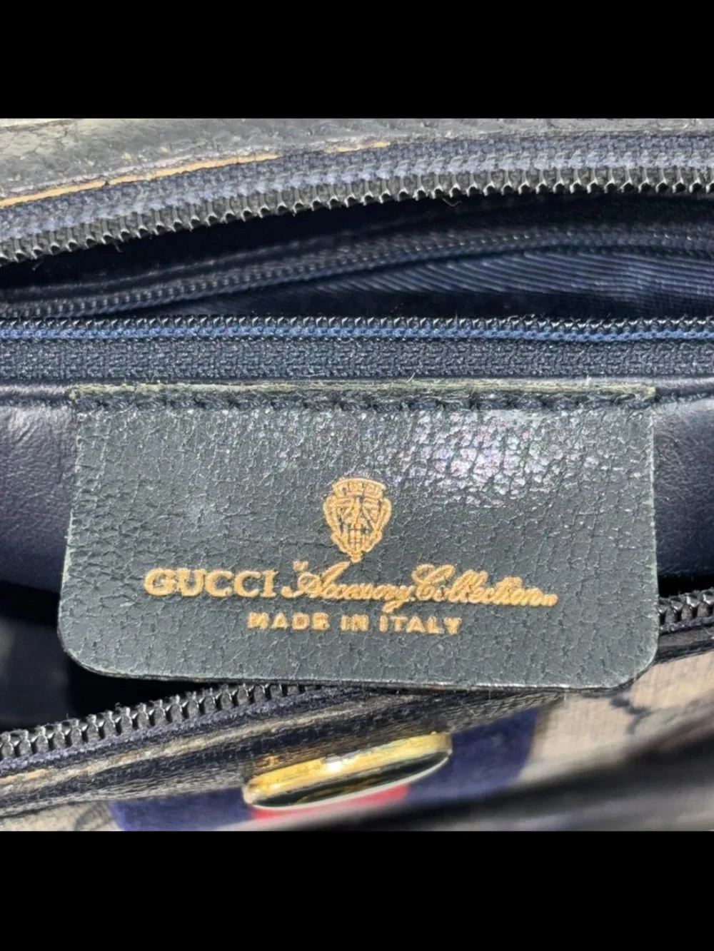 Gucci Beige GG Canvas Satchel with Navy and Red Web Stripe